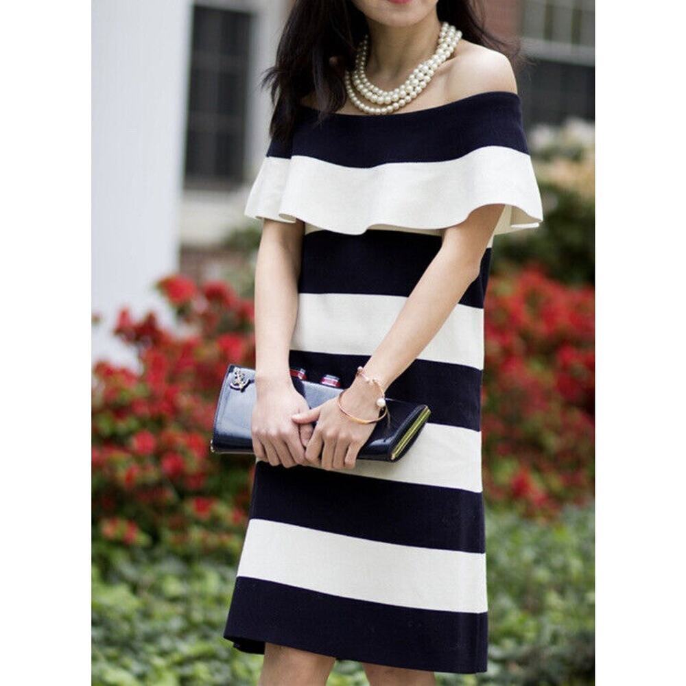 Ann Taylor Off The Shoulder Sheath Sweater Dress Striped White Navy Size XXS